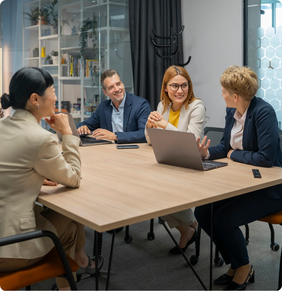 Professionals engaged in a workplace discussion